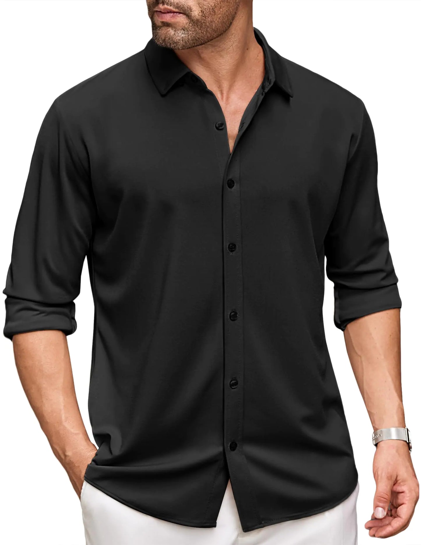 COOFANDY Herren Langarmhemd, legeres Button-Down-Hemd, knitterfrei, nicht in die Hose gesteckt, Schwarz