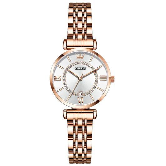 Kleine Uhren für Damen, Quarzuhren mit Roségold-Lünette, Diamant-Zifferblatt, elegantes Edelstahlarmband, Damenuhr mit drei Zeigern, wasserdicht, Kalenderanzeige, leicht ablesbare Damenuhr, Reloj De Mujer
