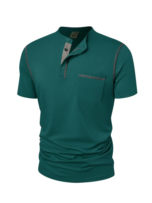 Hardaddy - Camisetas Henley de manga corta para hombre, informales, ligeras, con botones, color azul verdoso, talla L