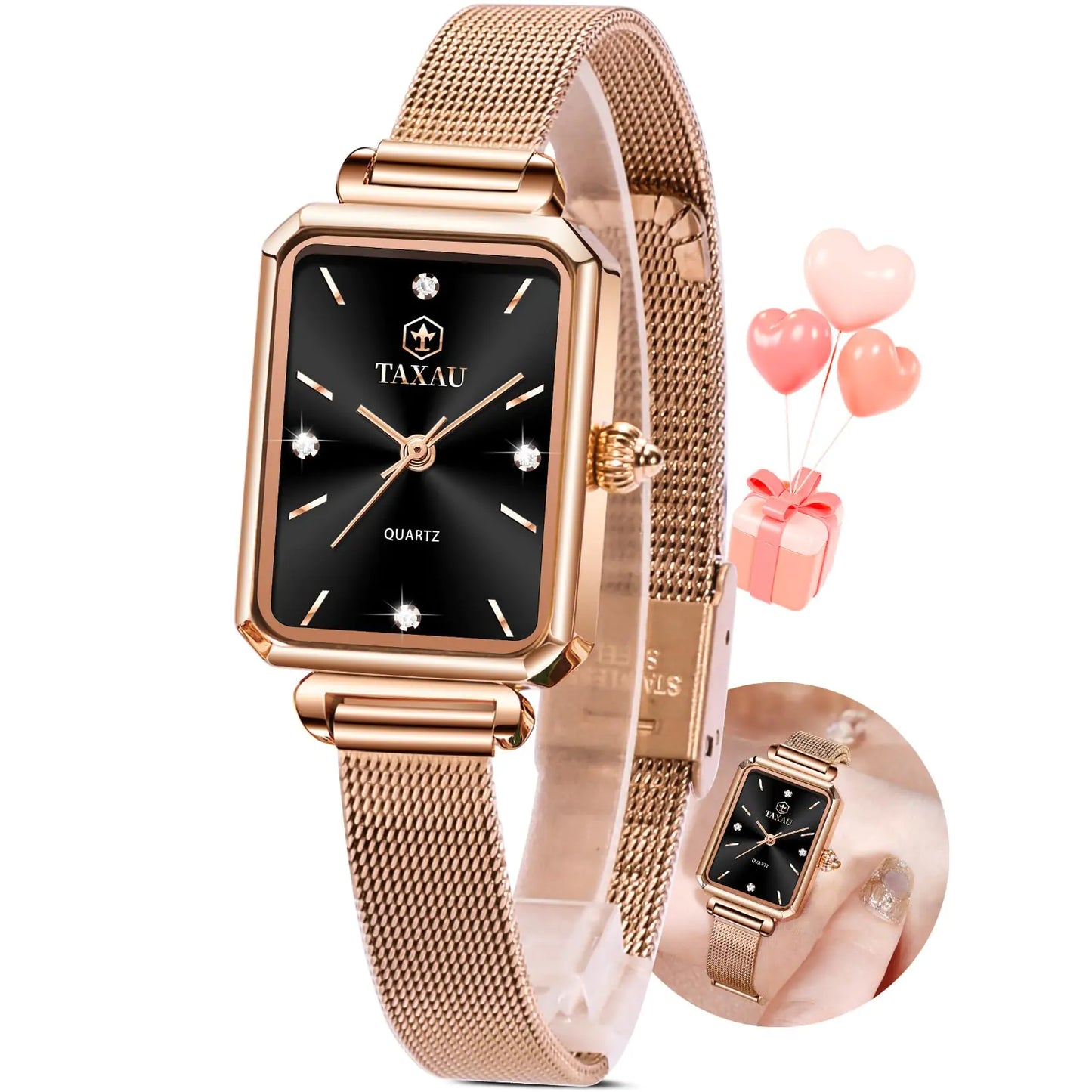 Reloj Taxau negro para mujer, reloj cuadrado para mujer, relojes de vestir de malla de diamantes para mujer, relojes de oro rosa para mujer, reloj clásico de dos tonos fácil de leer para mujer, reloj de pulsera pequeño para mujer