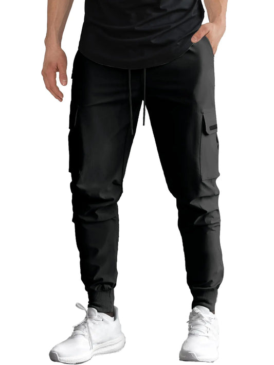 Pantalones de chándal cargo elásticos para hombre con bolsillos, color negro, talla grande