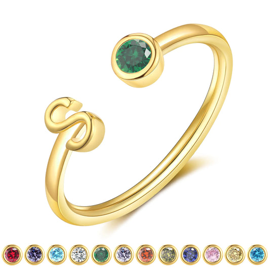 ZNBOH Gold Birthstone Initial Rings for Women Non Tarnish Dainty 14K Gold Plated Adjustable Letter Ring for Women Stackable Cute Thumb Pinky Fashion Unique Open Simple Birthday Gifts Jewelry
