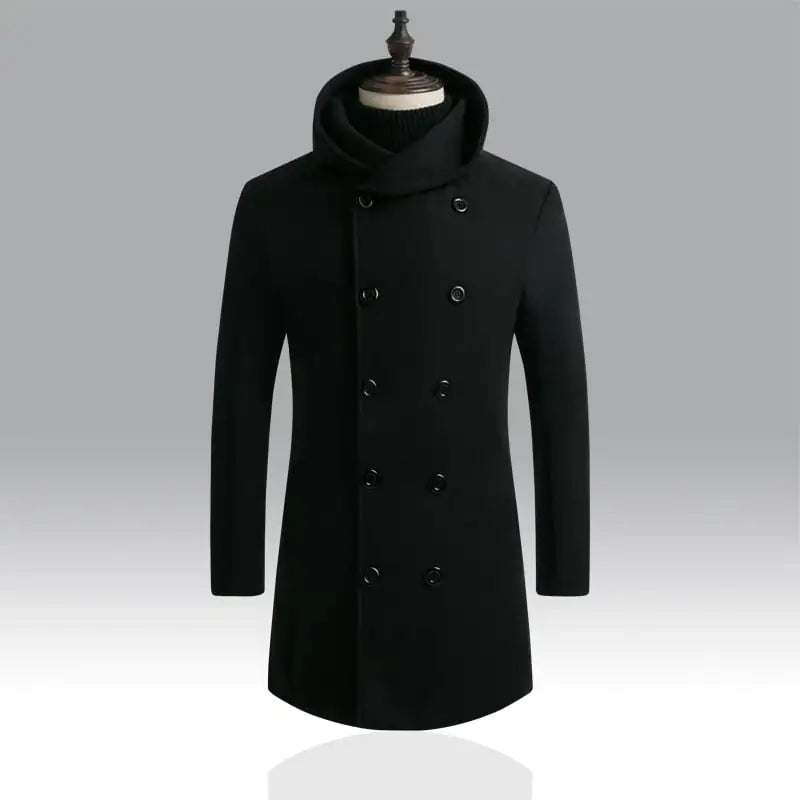 Men's Padded Hooded Mid-Length Woolen Trench Coat