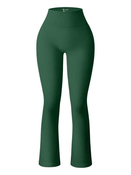 Pantalones acampanados OQQ para mujer, acanalados, sin costuras, para entrenamiento, cintura alta, color verde oscuro