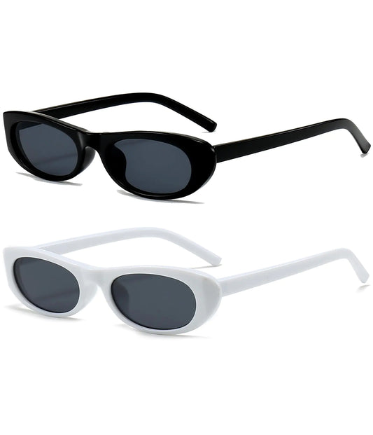 EYLRIM - Gafas de sol estrechas estilo ojo de gato para mujer, modernas, ovaladas, pequeñas, negras (paquete de 2, negro/gris y blanco/gris)