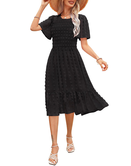 Kranda - Vestido negro informal de manga corta con cuello redondo y fruncido para mujer, con lunares suizos, vuelo, bajo con volantes, midi, para invitadas de boda en la playa, verano 2024