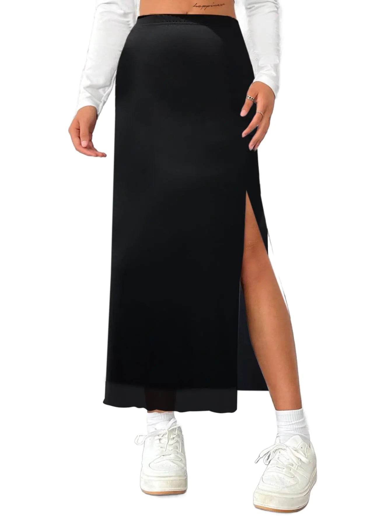 Faldas midi con abertura para mujer de Avanova, de cintura alta, largas, de verano, para oficina, color negro liso, talla pequeña