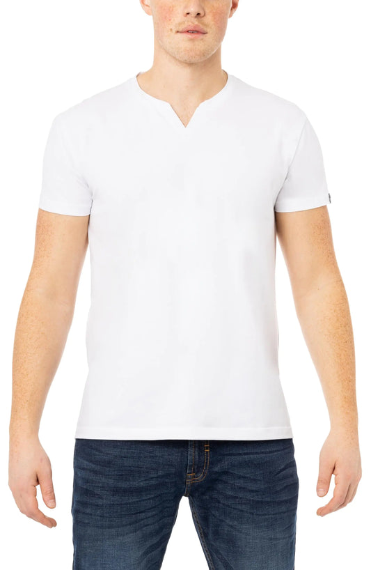 Camiseta de manga corta de algodón suave para hombre, corte entallado, básica, con abertura en el cuello, color blanco, talla extragrande.