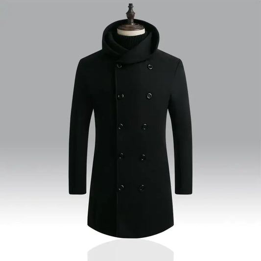 Men's Padded Hooded Mid-Length Woolen Trench Coat