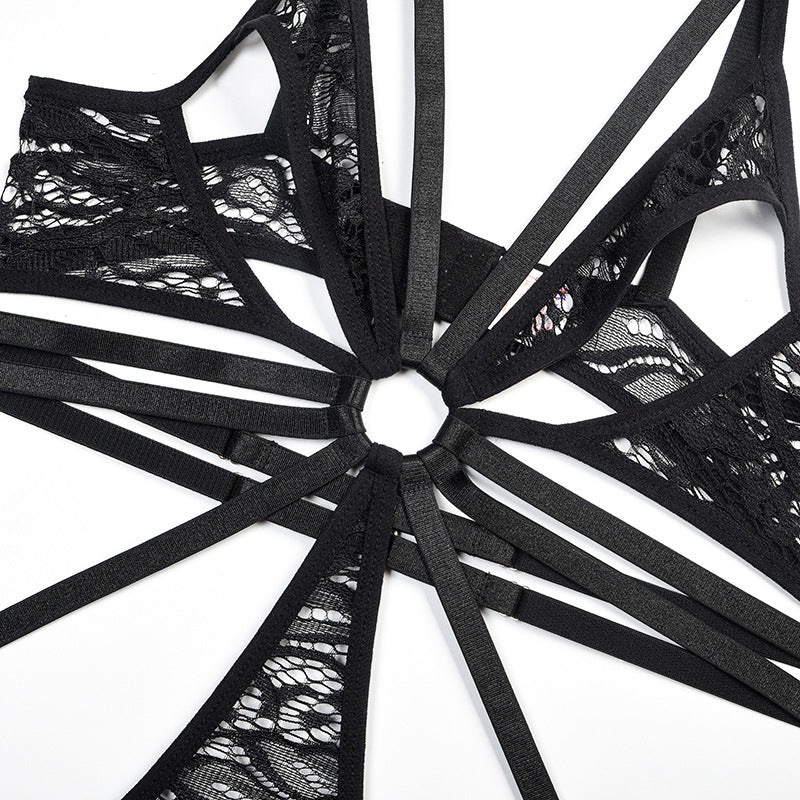 Lace Bodysuit with Multi-Strap Chest Ring and Hollow Design Details
