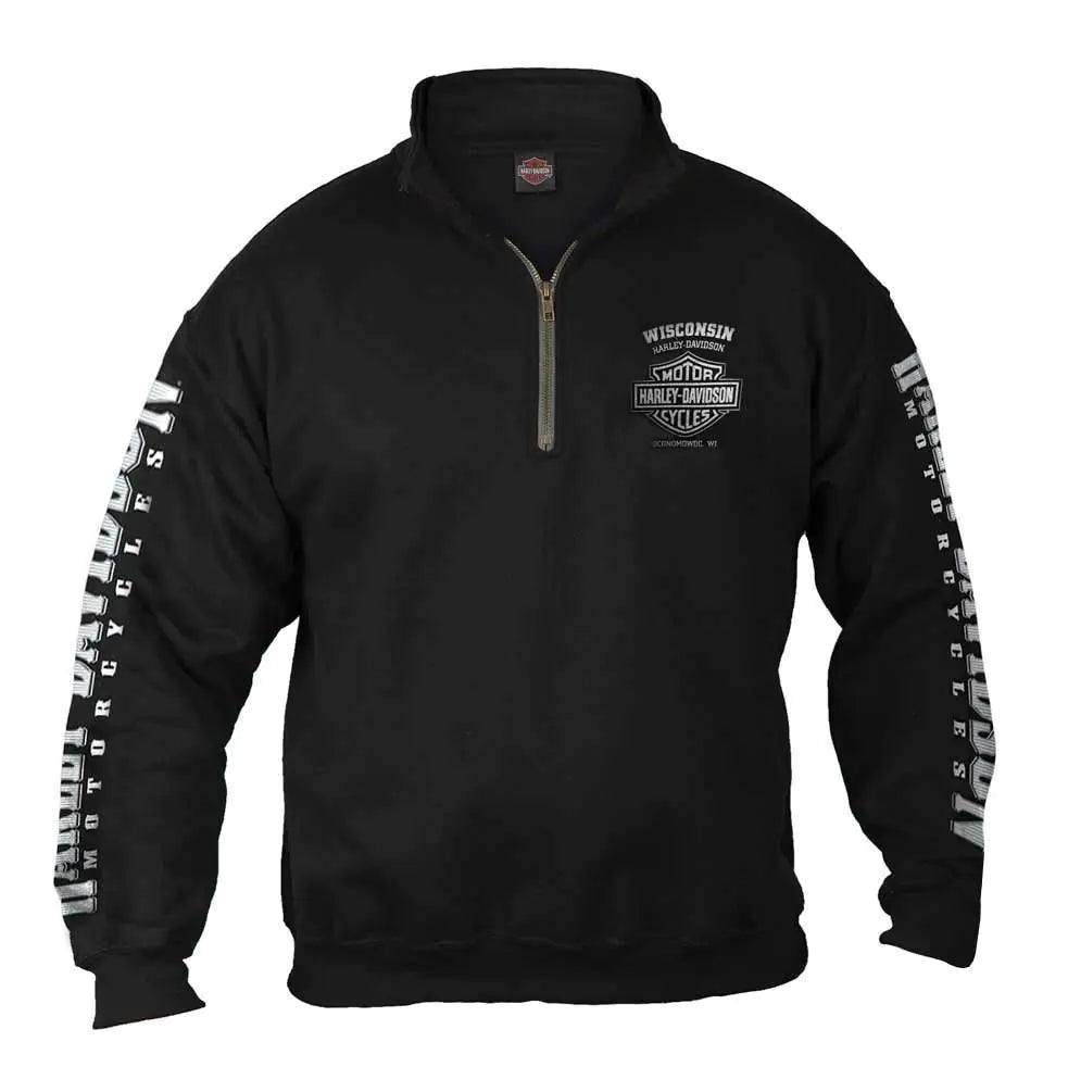 Sudadera Harley-Davidson para hombre, color negro, con cremallera 1/4 y escudo Lightning Cadet