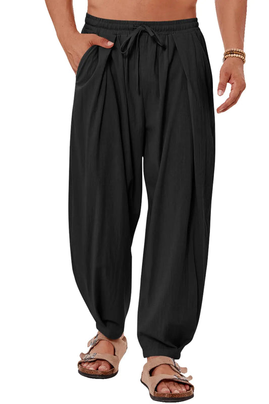 Mens Linen Yoga Trousers Elastic Waist Drawstring Summer Beach Loose Fit Casual Tapered Trousers Black
