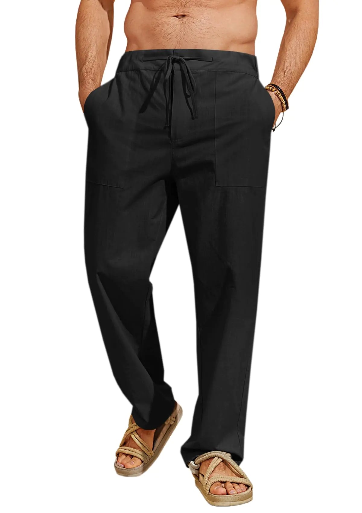 Pantalones Runcati de algodón y lino para hombre, informales, con cintura elástica y cordón ajustable, ligeros y holgados, para verano, playa, yoga, color negro