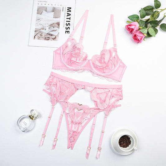 Pink Enchanting Mesh Love Bra & Panty Set with Garter Over View