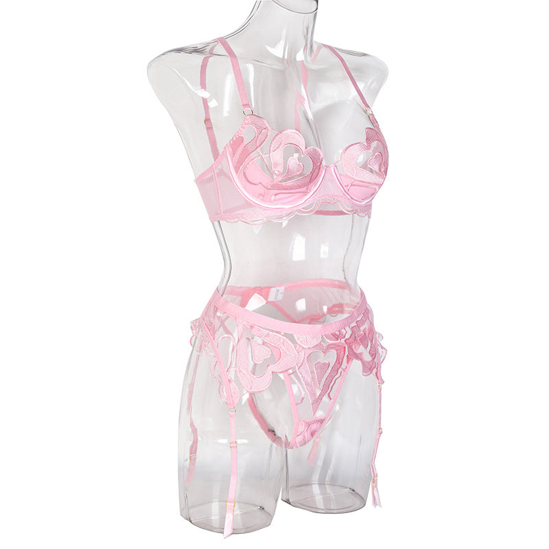 Pink Enchanting Mesh Love Bra & Panty Set with Garter Side View