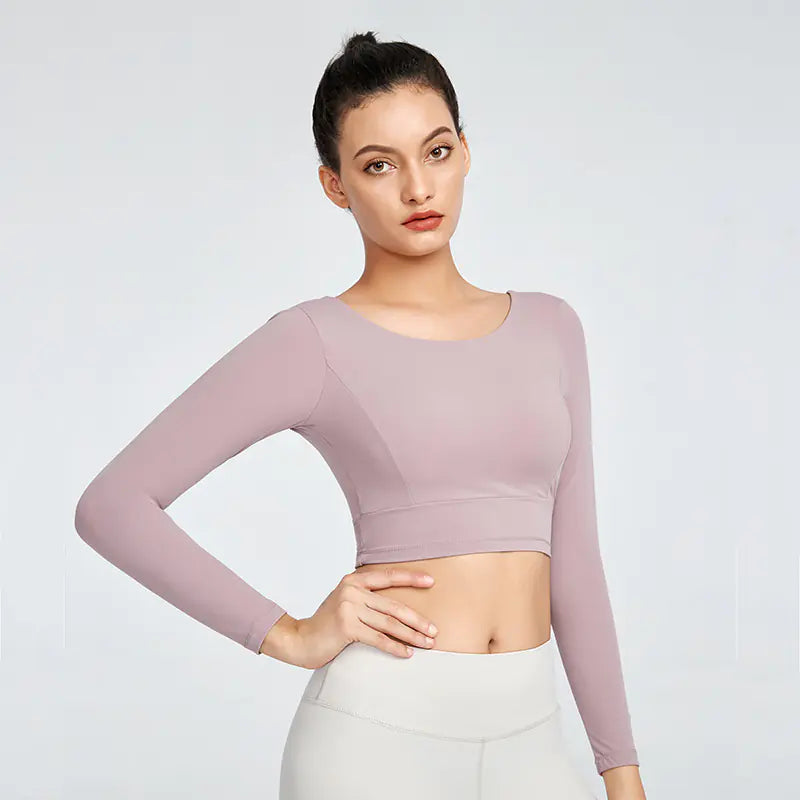 Long Sleeve Yoga Wear Tight T-shirt with Chest Pad