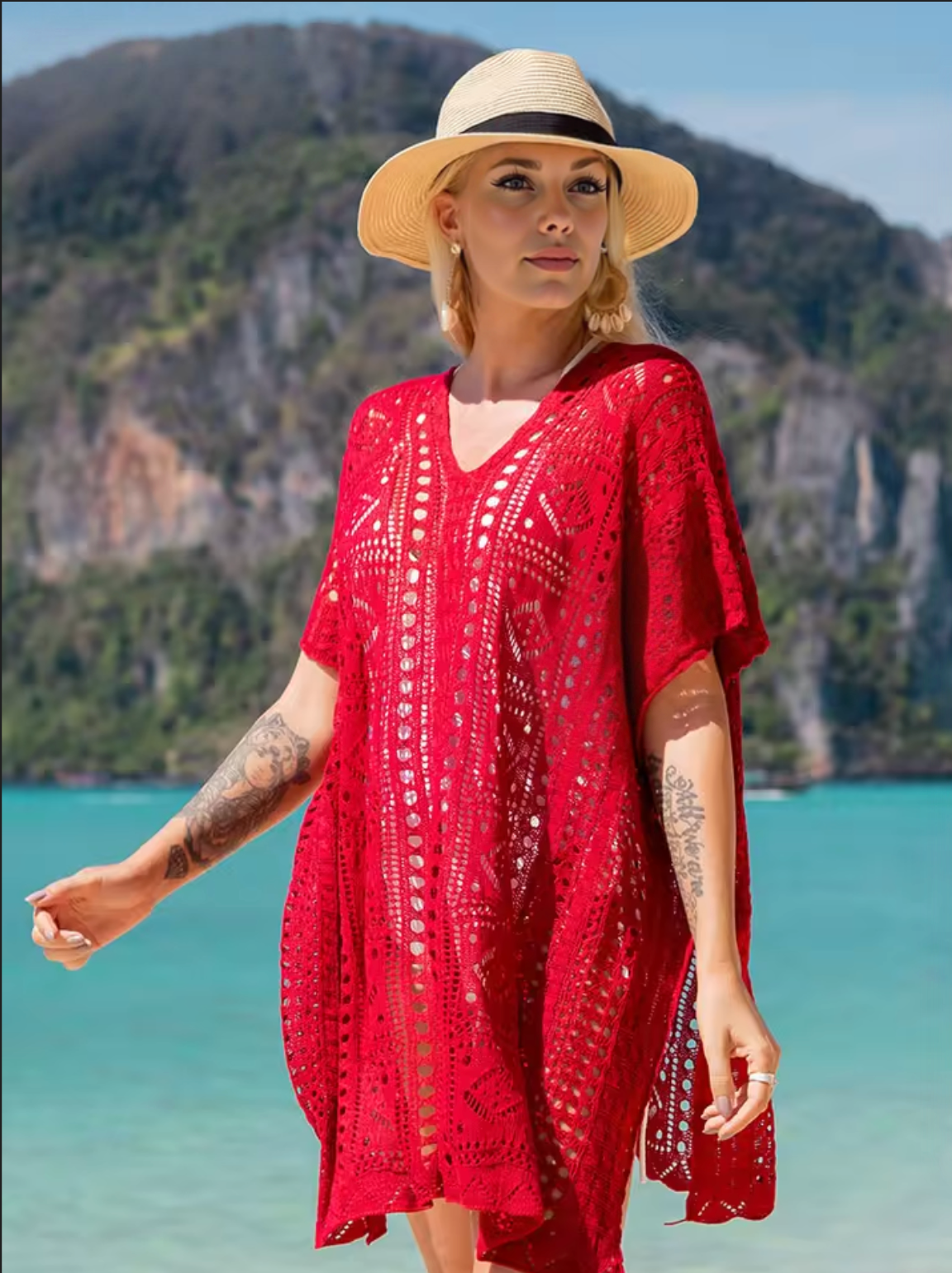 Vestido playero de crochet rojo | Traje de baño de bikini informal de verano