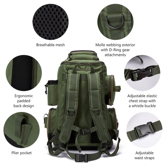 NNEOBATackle Backpack with Rain Cover Rod Holders Army Green