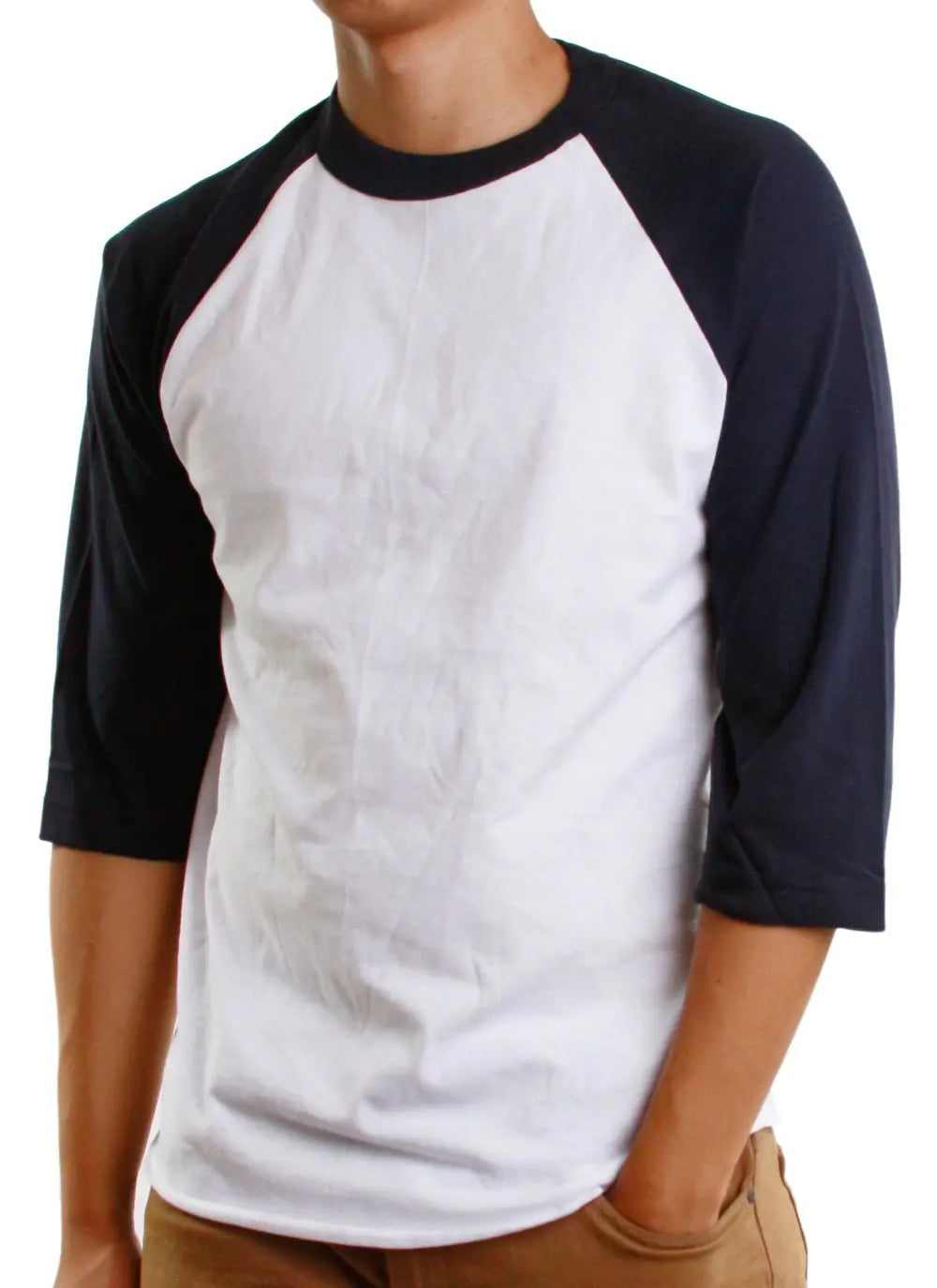 Camisetas casuales de béisbol para hombre de Hat and Beyond, mangas 3/4, raglán, de jersey de algodón liso (talla 3XL, blanco/azul marino)