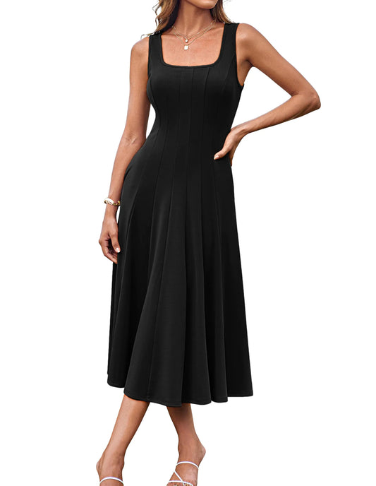 GRACE KARIN Vestido informal sin mangas de corte A para mujer, elegante vestido de verano de corte A, vestido midi plisado con bolsillo, talla M, negro, 2025