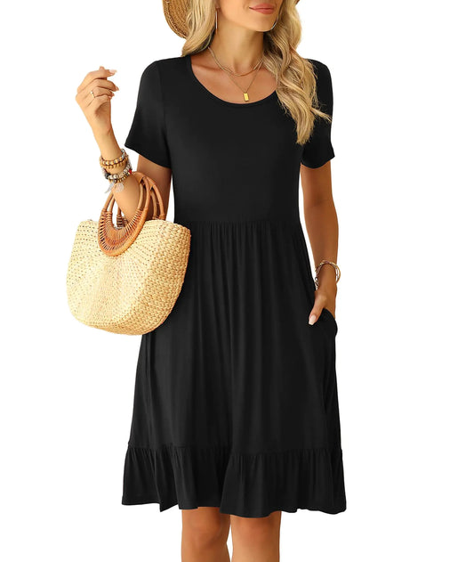 LILBETTER - Vestido informal de verano para mujer, con cuello redondo, manga corta, largo hasta la rodilla, bolsillos, plisado, dobladillo con volantes (negro mediano)