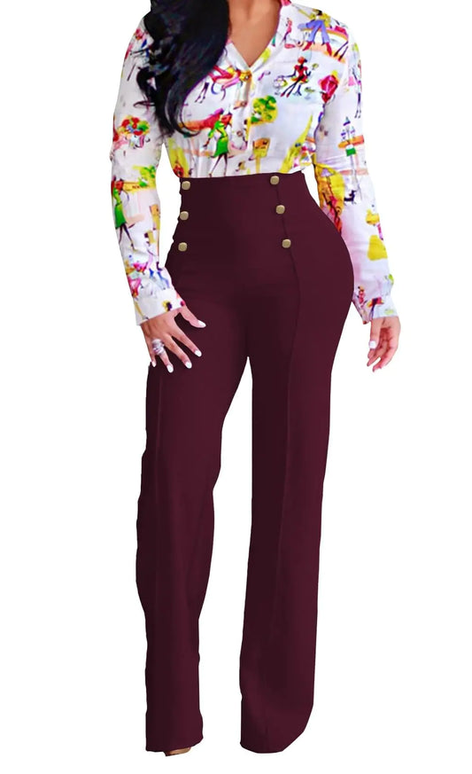 A ADILACA Burgundy Solid Flare Leg Pants for Work Business Casual Flare Pants