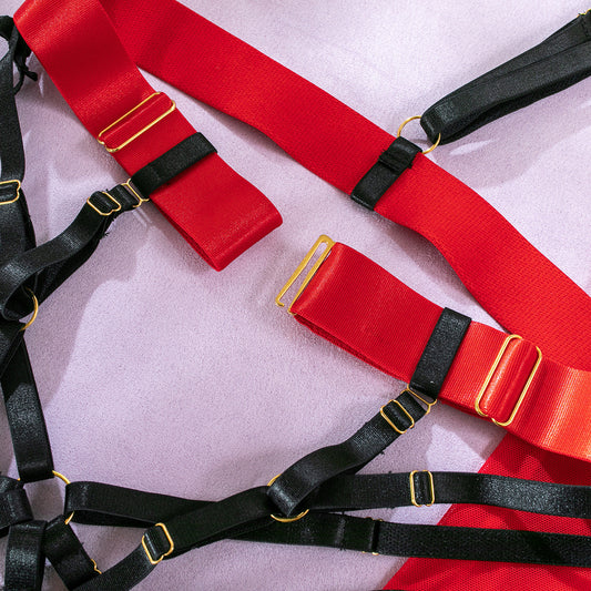 Wholesale Deep V Neck Bodysuit with Scoop Back in Red Mesh Details