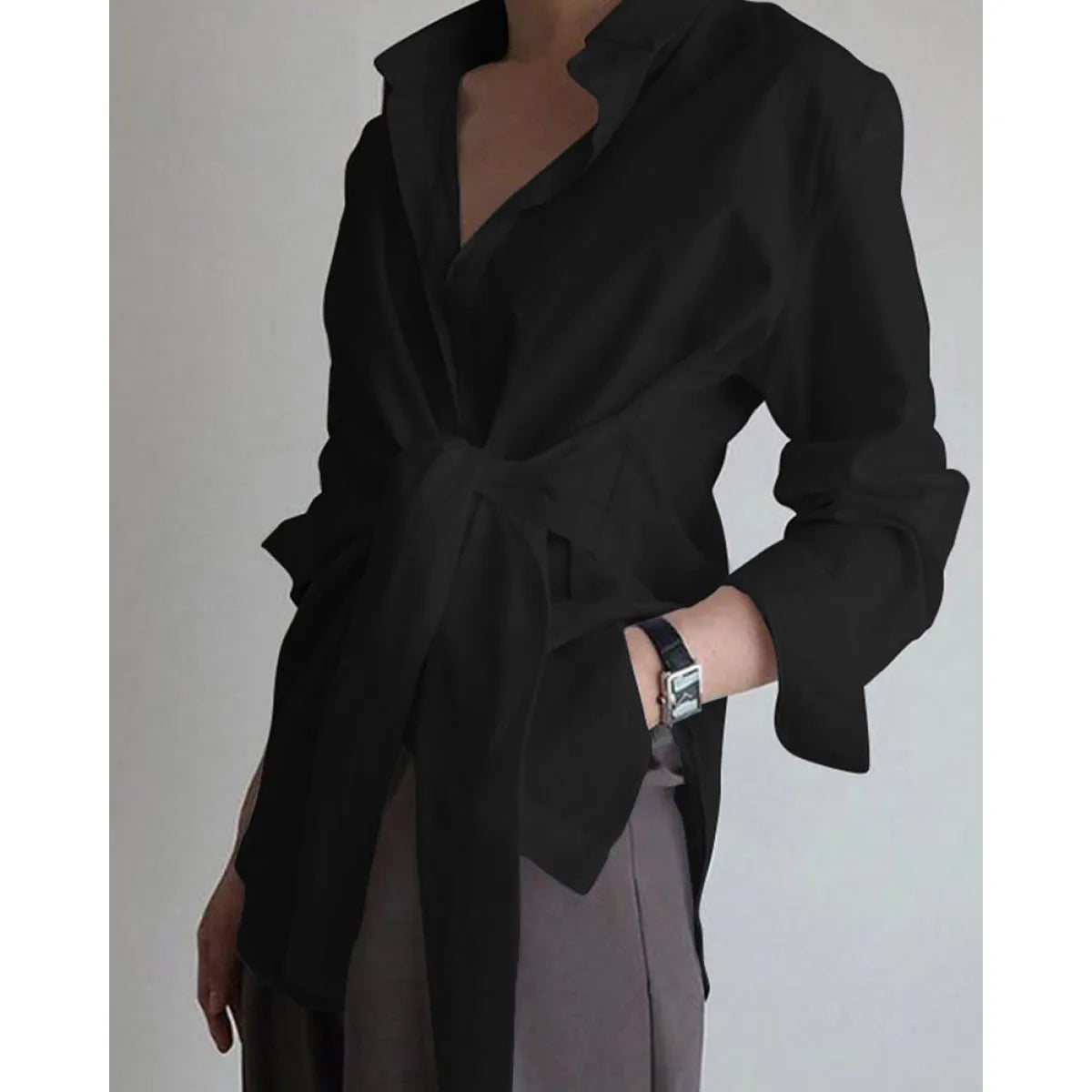 Women Loose Tie Long Sleeve Casual Shirt