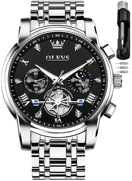 Reloj OLEVS para hombre, negro, cronógrafo, analógico, de cuarzo, de acero inoxidable, resistente al agua, luminoso, fase lunar, de lujo, informal, de pulsera, para hombre