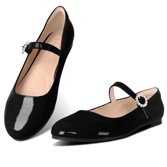 Viapipa Damen Mary Jane Flats, bequeme Riemchen-Flats, lässige Ballerinas, Blumenschnalle, runde Zehenpartie, schwarze Flats für Damen, Braun, Größe 8