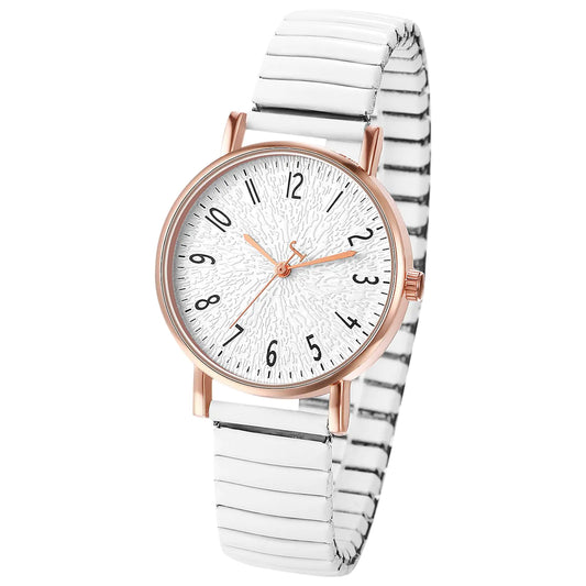 Relojes de pulsera OIDEA con correa elástica para mujer: Relojes de pulsera analógicos de cuarzo con números arábigos y esfera grande para mujer, correa elástica de fácil lectura, resistente al agua, color blanco.
