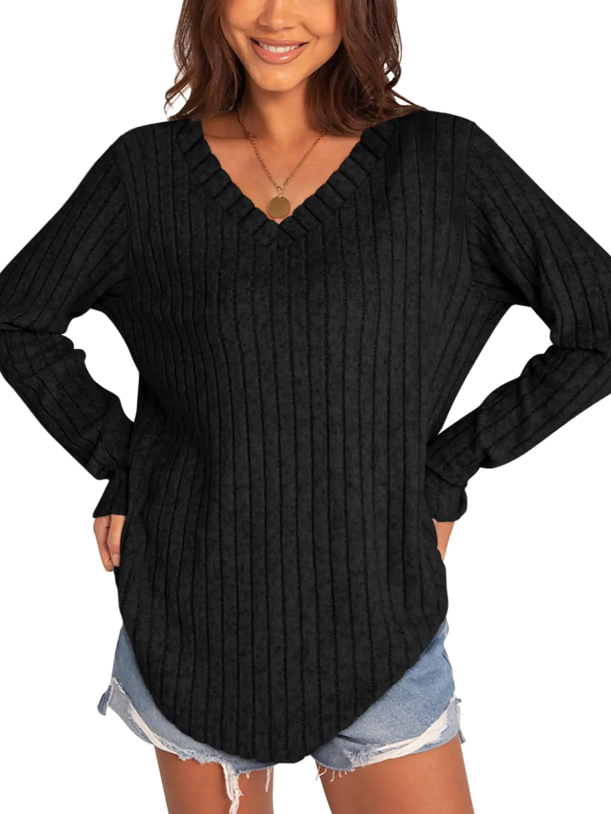 Eachyes - Camisetas de otoño para mujer, cuello en V, manga larga, estilo túnica informal con dobladillo curvo, corte holgado, color negro, talla pequeña