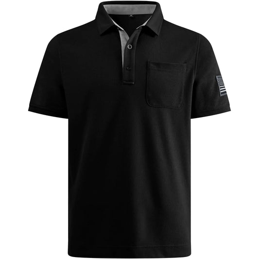 MUSCLEOUBA Mens Tactical Polo Shirts Outdoor Performance Dry Fit Tactical Shirts Short Sleeve Moisture Wicking Pique Jersey American Flag Print T-Shirts with Pocket (S,Black#1)