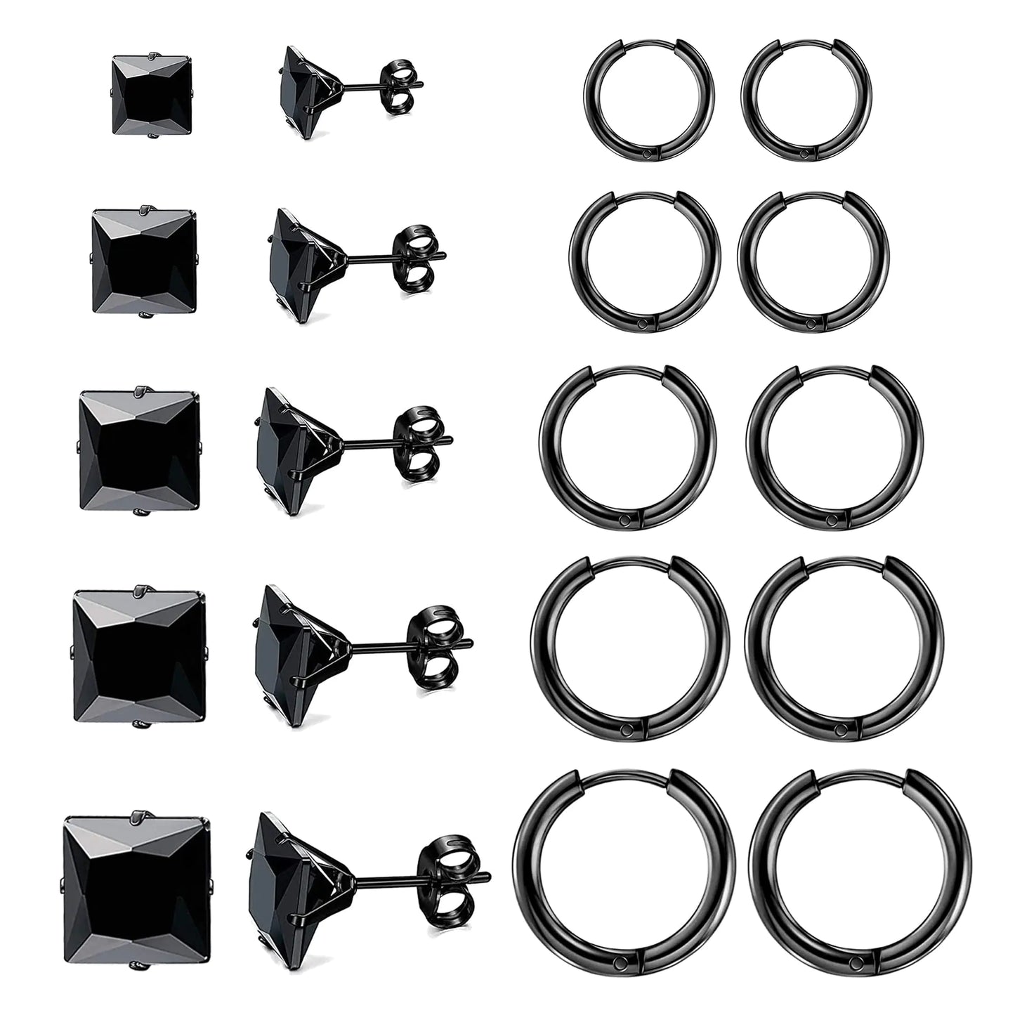 ALEXCRAFT 10 Paar schwarze Ohrringe für Herren, schwarze Ohrstecker-Set, kleine schwarze Creolen