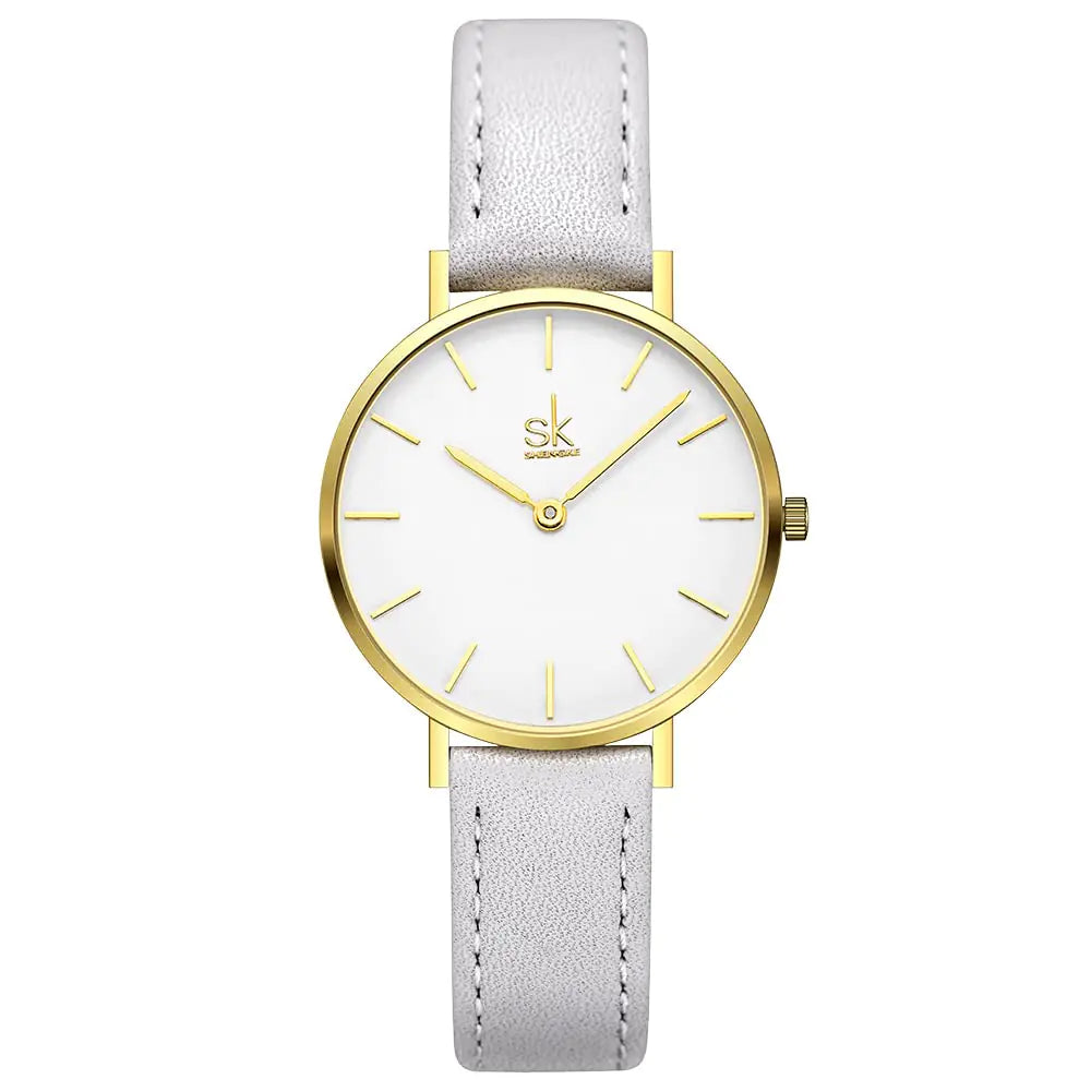 Reloj SK Ultrafino Minialista para Mujer, Simple, de Dos Manecillas, con Correa de Cuero (Gris)