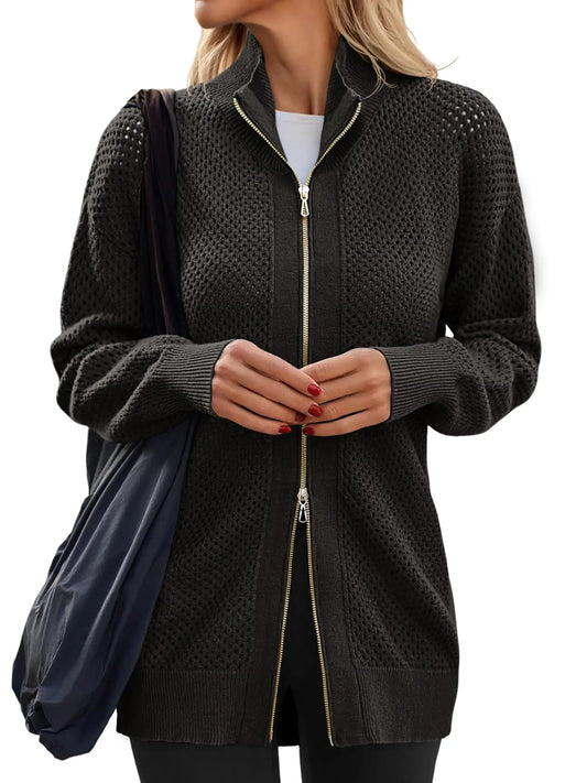 Cárdigan de cuello alto con cremallera para mujer, jersey de punto de malla lisa, informal, de manga larga, con hombros caídos, color negro
