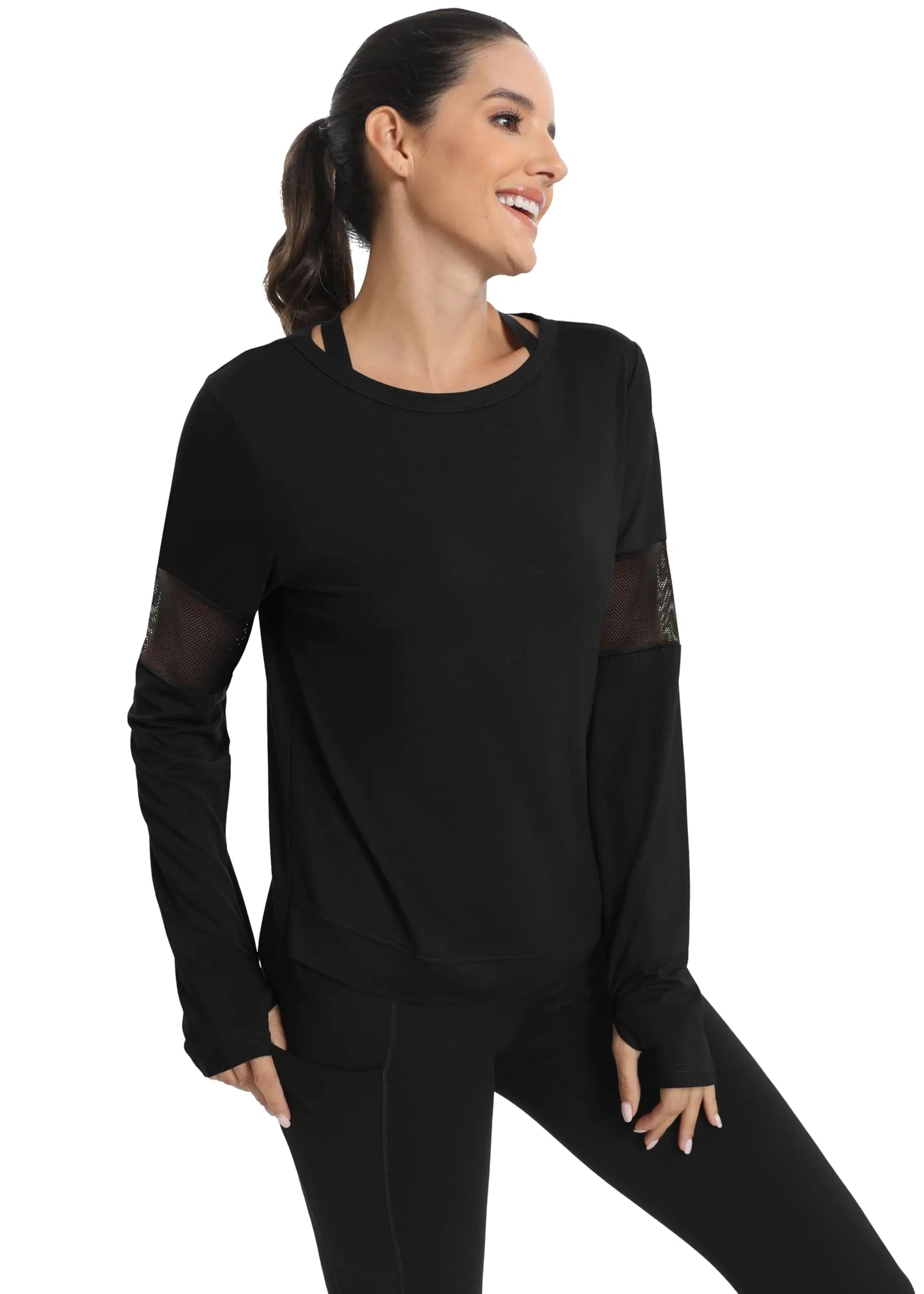 ICTIVE Langärmlige Workout-Shirts für Damen, locker sitzende Workout-Oberteile für Damen, Laufshirts für Damen mit Daumenloch, langärmlige T-Shirts für Damen, Yoga-Shirts für Damen, Fitnessstudio-Shirts, Schwarz, M