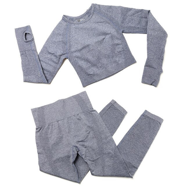 Gym Sport Outfits Yoga Clothing Set Women Long Sleeves Fitness Shirt Seamless Leggings Running Suit Workout Tracksuit Activewear