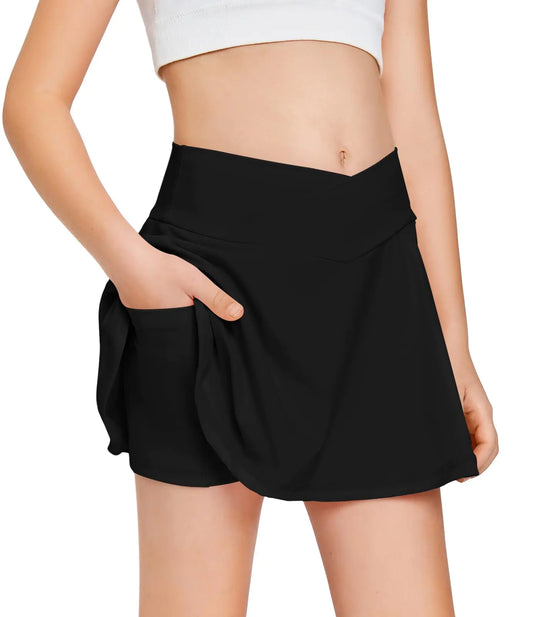 Mädchen Tennisrock mit Taschen Shorts Crossover Hoch taillierte Athletic Skorts Workout Golf Laufröcke Schwarz