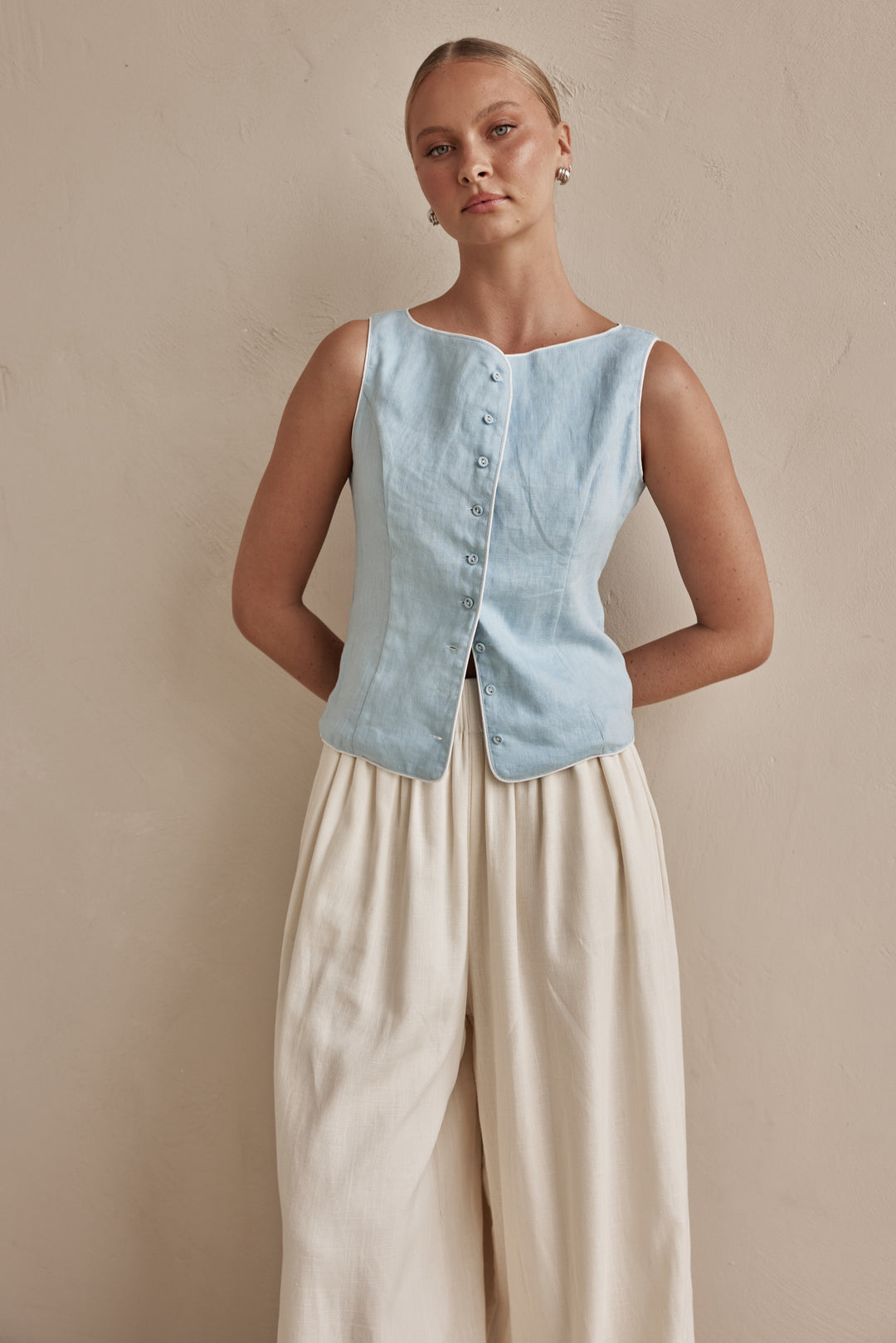 Sky Blue Sleeveless Linen Vest for Women