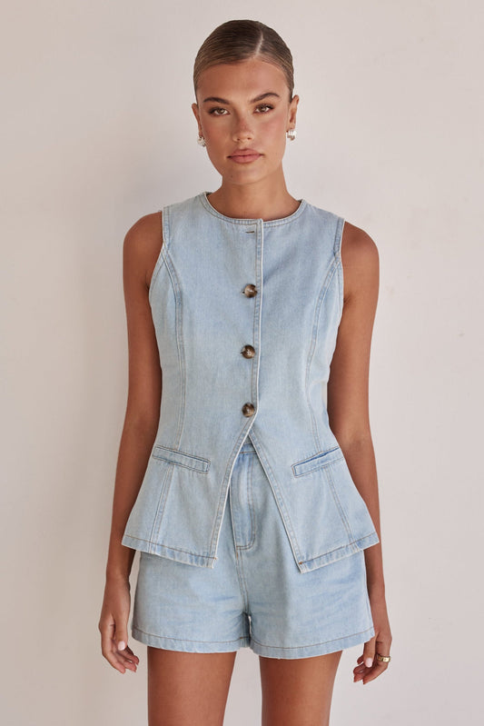 Sleeveless Denim Vest for Women with Front Pockets