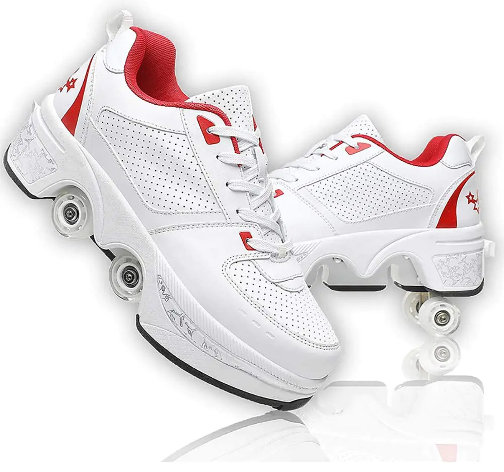 Roller Skate Shoes for Women Double-Row Deform Quad Roller Skates Automatic Walking Shoes Detachable Roller Skate Shoes with Wheels for Girls Boys Skating Shoes Unisex (White Red US 7.5)