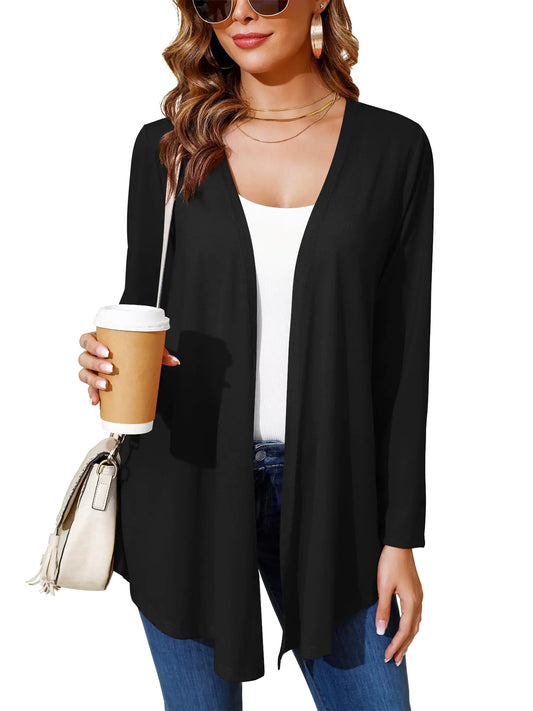 Cárdigan ligero ylhystrical para mujer, color negro, con drapeado medio, abierto al frente, manga larga, ligero, informal, suave, para cubrir, chal, kimono, primavera y verano.