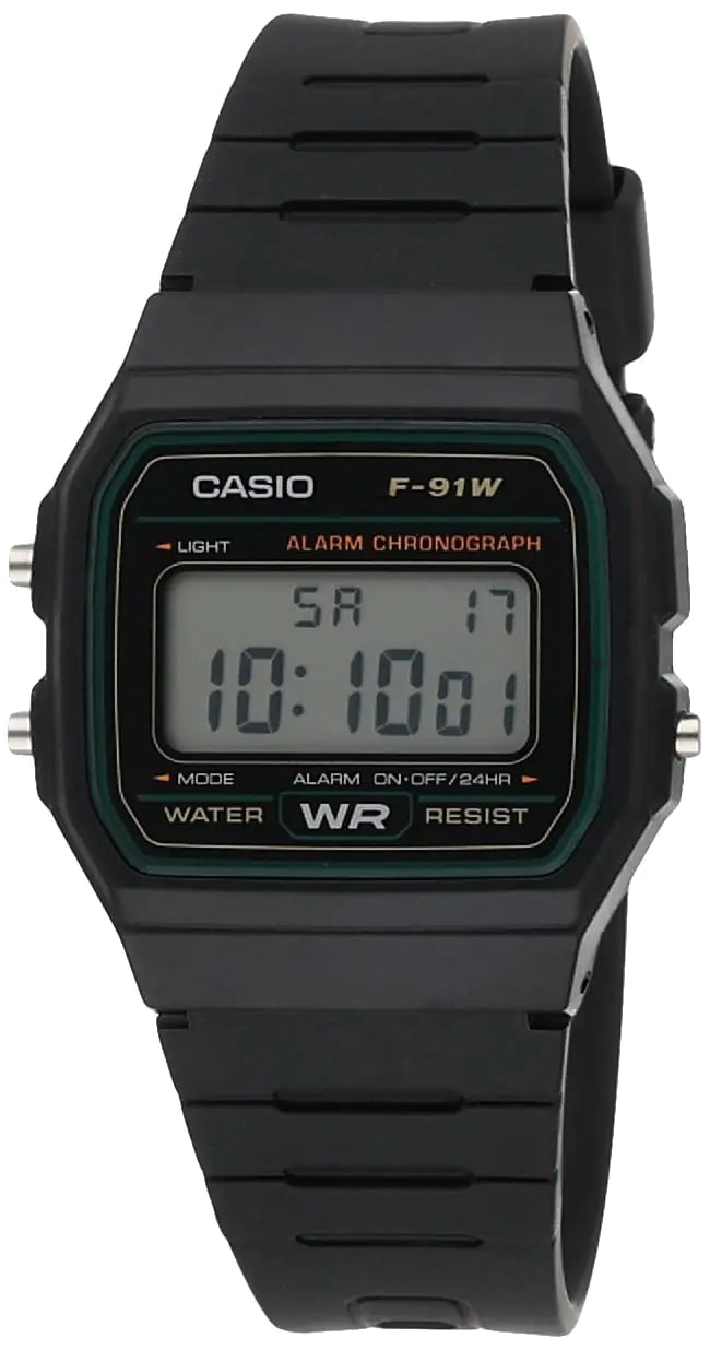 Casio F-91W-3DG – Schwarze Uhr mit schwarzem/weißem Armband