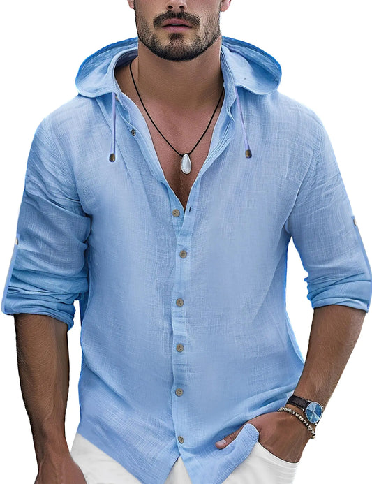 Camisas de lino puro OYOZONE para hombre, camisas de lino de manga larga con botones, camisas de cáñamo para hombre, azul claro