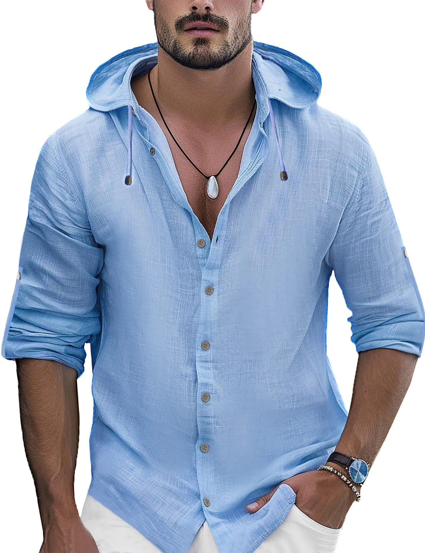 Camisas de lino puro OYOZONE para hombre, camisas de lino de manga larga con botones, camisas de cáñamo para hombre, azul claro