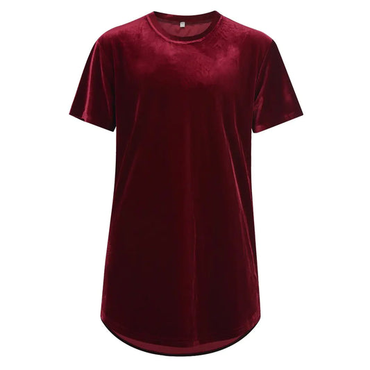 VFIVE UNFOUR Camisetas de terciopelo para hombre, estilo hip hop, con dobladillo largo, color vino tinto 2XL