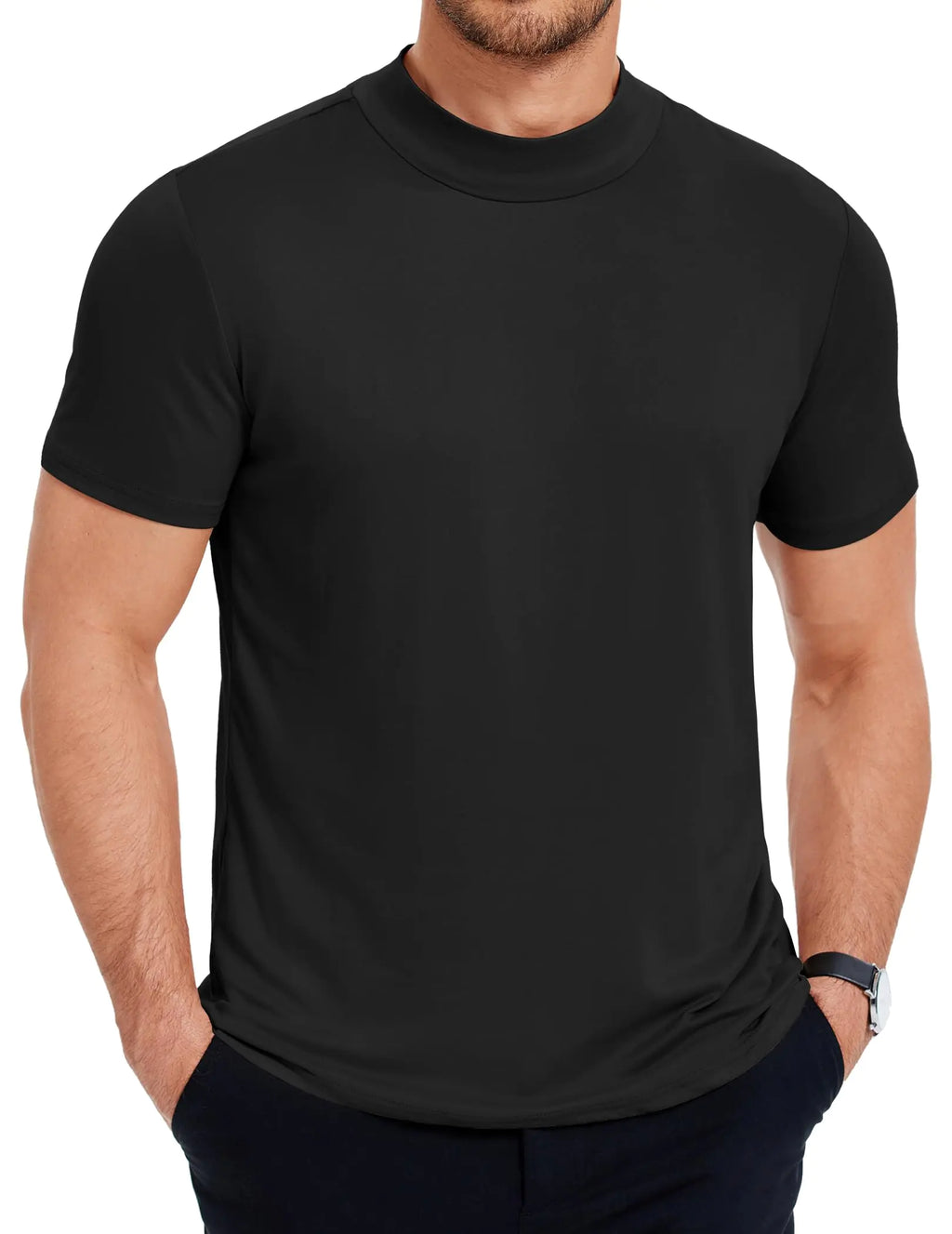COOFANDY Herren Rollkragen-T-Shirt, kurzärmelig, Slim Fit, Oberteil, Pullover, Thermo-Unterhemd im Basic-Design, A-Schwarz