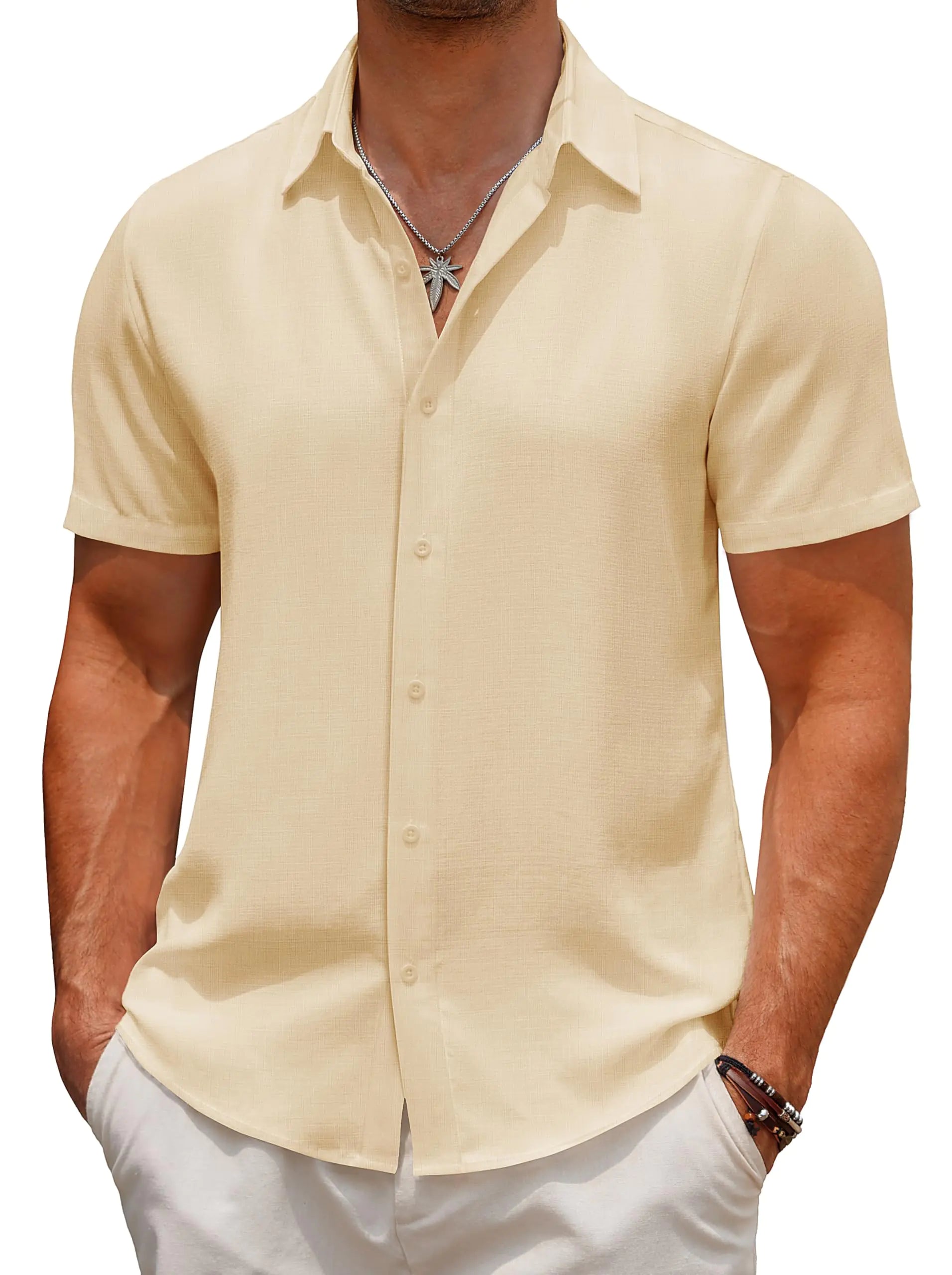 Camisas casuales de lino para hombre de COOFANDY, camisas con botones, camisas de manga corta, camisas para bodas en la playa, camisas de corte regular, color beige