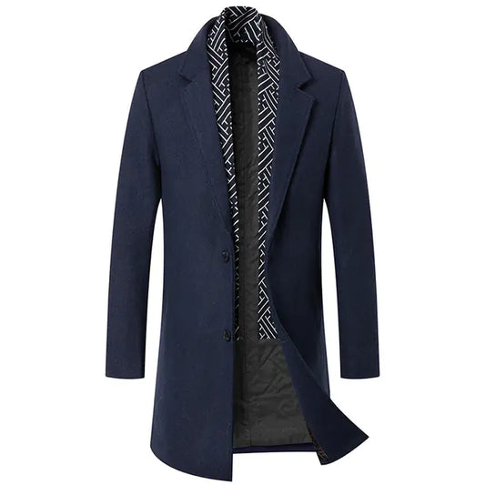 Men's Mid-Length Wool Blend Trench Coat with Scarf